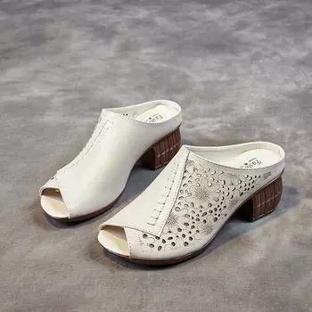 Ретро лето новая женская обувь первый слой коровьей кожи шлепанцы толстый каблук мягкая подошва сандалии женские мама носит дышащие высокие каблуки 35 белый