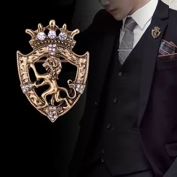 Ретро Лев Кристалл Брошь Булавки Животное Корона На Лацкане Булавки Корсаж Мужская Рубашка Костюм Воротник Булавки Модные Украшения Одежда Аксессуары античный серебряного