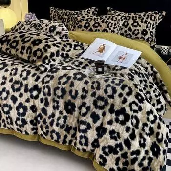 Retro Light Luxury Leopard Print Thickened Rabbit Plush Milk Plush Four-Piece Set A Maternal And Infant Grade Bed Sheet Quilt Cover Bed Hat 1.5m bed sheet 4pc quilt 2*2.3cm