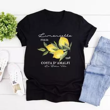 Ретро Лимончелло La Dolce Vita Футболка Лимонная рубашка Италия Футболка Короткий рукав Женская футболка Летняя Повседневная футболка Эстетичная одежда S чёрный