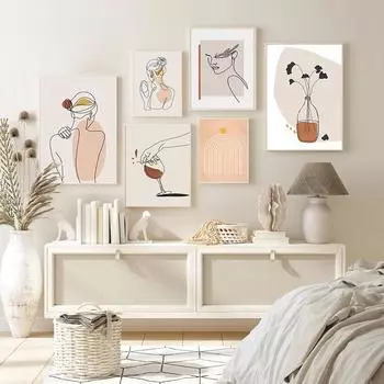 Retro Line Woman Flowers Red Wine Poster Bohemian Landscape Abstract Print Canvas Painting Wall Art Pictures Living Room Decor 21X30cm No Frame