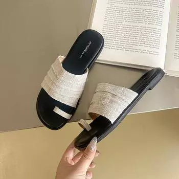 Retro linen slippers women s summer wear new casual vacation flat sandals versatile set toe sandals 35