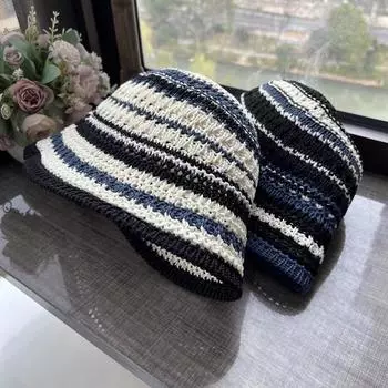 Ретро-линии, весенне-летняя плетеная шляпа-ведро в горизонтальную полоску, женская шляпа с мягким верхом, универсальная защита от солнца, дорожный козырек M56-58cm