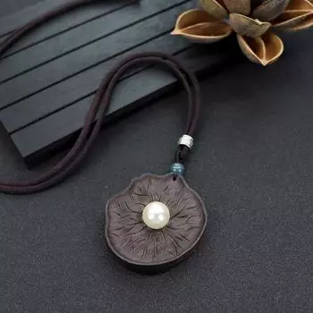 Retro literary and artistic long ebony necklace wooden pendant women s simple Zen sweater chain cotton and linen accessories