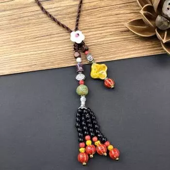 Retro literary cotton and linen ceramic necklace, women s versatile long sweater chain fringed pendant accessories