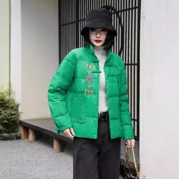 Ретро литература и искусство тяжелая промышленность вышивка большой размер короткий пуховик женский зимний новый пряжка белый утиный пух морозостойкое пальто женское M красный