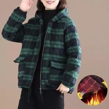 Ретро литература стеганые женские парки с капюшоном осень-зима клетчатые хлопковые куртки-стеганые повседневные свободные ветрозащитные пальто XXXXL красный