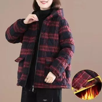 Ретро литература стеганые женские парки с капюшоном осень-зима клетчатые хлопковые куртки-стеганые повседневные свободные ветрозащитные пальто S зелёный