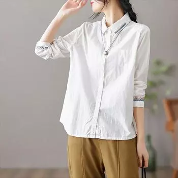 Ретро литературная вышивка свободная хлопковая рубашка женская рубашка с длинными рукавами с лацканами для женщин XXL белый