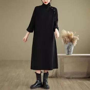 Ретро литературное и художественное утолщенное и бархатное платье осень-зима длинное с высоким воротом темперамент длинное свободное основание универсальное Large size average size чёрный