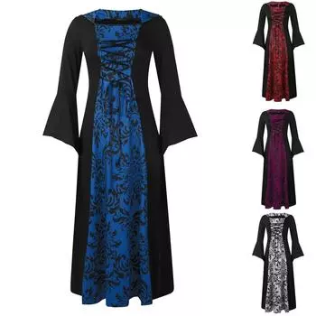 Ретро литературное платье с длинными рукавами и шнуровкой на талии с капюшоном и большим распашным платьем с принтом XL красный