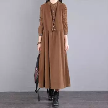 Ретро литературное вельветовое платье женское осень 2025 года новое свободное и тонкое, средней длины и длинная манжета с вышивкой юбка M