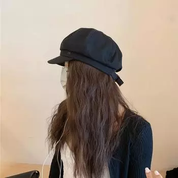 Ретро литературный и художественный берет с утиным язычком женский тренд универсальный берет маленькая восьмиугольная шляпа большая окружность головы шляпа художника M56-58cm чёрный