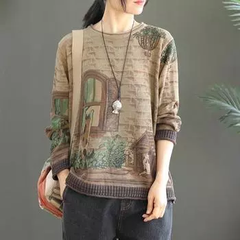 Ретро литературный свободный большой размер печатный свитер женский осенний модный круглый вырез вязаный свитер пальто топы XL коричневый