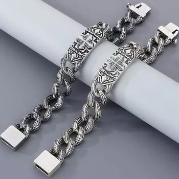 Ретро-литой браслет из нержавеющей стали с крестом для мужчин, старинные серебряные браслеты с цепочкой для мужчин, браслеты на запястье, ювелирные изделия для рук 19CM серебряный