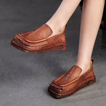 Ретро-лоферы Johnature с квадратным носком, универсальные, из натуральной кожи, с мягкой подошвой, женские туфли без застежек 35 коричневый