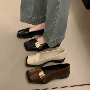 Ретро-лоферы на мягкой подошве, женские туфли с одной педалью, кожаные туфли, новая весна, одинарные туфли в британском стиле, с металлической пряжкой и квадратным носком 35 абрикосовый