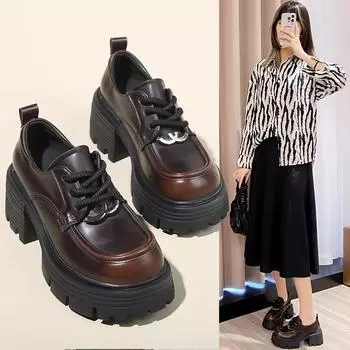 Ретро-лоферы на платформе женские кожаные на липучке толстый каблук круглый носок универсальные модные британские маленькие кожаные туфли 35