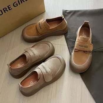 Ретро-лоферы с широким носком на толстой подошве, кроссовки с круглым носком, пряжкой, шнуровкой на толстой подошве, женская повседневная осенняя новая обувь 35 хаки