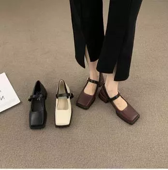 Ретро-лоферы женские туфли Мэри Джейн с квадратным носком, новинка весны 2024 года, туфли-лодочки с пряжкой на щиколотке, элегантные женские туфли черного цвета на низком каблуке 35 абрикосовый