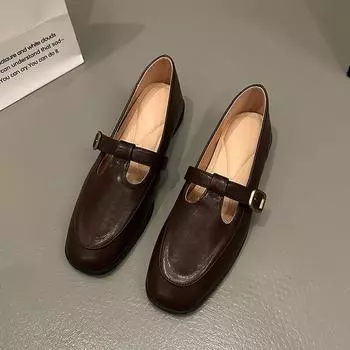 Ретро-лоферы женские весенне-летние туфли с одной педалью на плоской подошве, кожаные туфли Мэри Джейн на мягкой подошве 35 чёрный