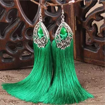 Retro long jade bead fringed earrings, fashionable and versatile, medium temperament women s flower earrings, ear jewelry