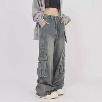 Retro Loose High Street Washed American Straight Jeans for Spring & Autumn 2XL синий