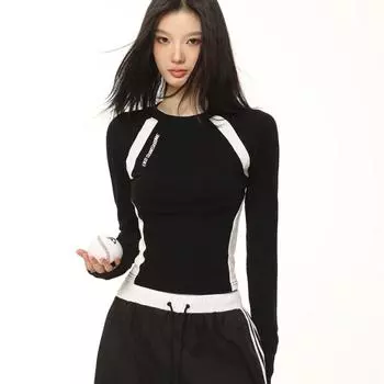 Ретро лоскутная футболка с длинными рукавами контрастного цвета, женская осенняя милая тонкая футболка Y2K с эстетическим буквенным принтом, шикарные футболки с дизайном S серый