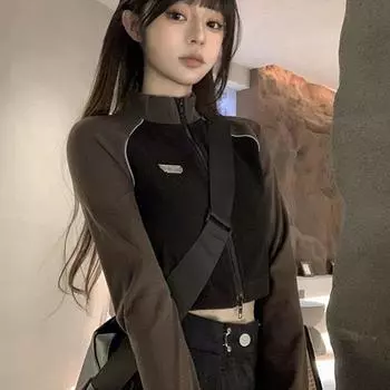 Ретро Лоскутные футболки на молнии с длинным рукавом женские сексуальные топы с контролем живота модные сексуальные футболки Y2K с длинным рукавом S