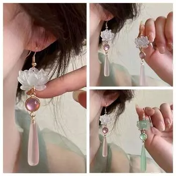 Ретро Лотос Подвеска Крючки Элегантные Лотос Капли Серьги Китайские Классические Серьги Ханьфу зелёный