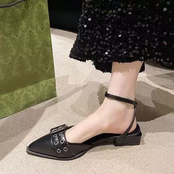 Retro Low Heel Sandals for Women s Shoes Summer Punk Style Sandales Pointed Toe Shallow Mouth Thick Heel Mary Jane Single Shoes 35 чёрный