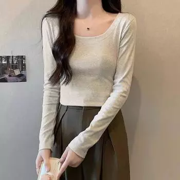 Retro low-neck, right-shoulder, long-sleeved T-shirt for women in early autumn, new design, high-waisted, slim, short, inner-layered top S