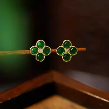 Retro luxury lucky four-leaf clover round bead earrings зелёный