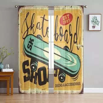 Ретро магазин скейтбординга, шифоновые прозрачные шторы в стиле комиксов для гостиной, спальни, оконные занавески, вуали, тюль Cortinas 135W x 114H(cm)