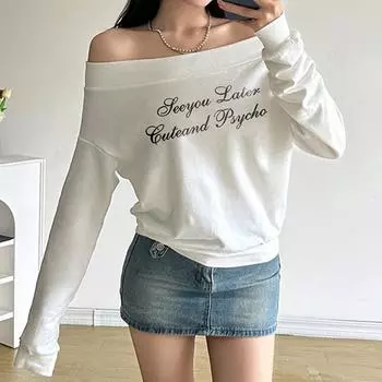 Ретро-маленькие буквы напечатаны на одно плечо сексуальный длинный рукав топ для женщин свободные универсальные ленивые стиль толстовки с капюшоном футболки женские S белый