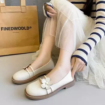Ретро маленькие кожаные туфли весна 2025 новые неглубокие горловины цветы с юбкой низкий каблук туфли Мэри Джейн одинарные женские туфли 35 бежевый