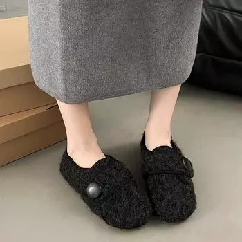 Retro Mao Mao Mary Jane single shoes in the autumn and winter of 2024, new round head one-pedal flat-bottomed casual Doudou cotton shoes 35 чёрный