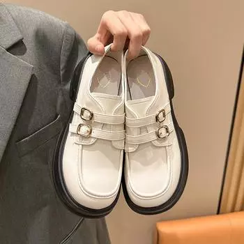 Ретро Мэри Джейн Маленькие кожаные туфли с толстой подошвой 2024 Новая мода Повседневная Простая однотонная женская обувь с квадратным носком Весна 35 покинуть белый