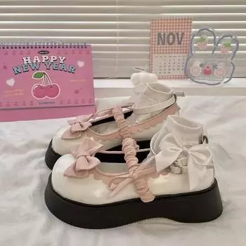 Ретро Мэри Джейн Толстая Подошва Мокасины Увеличивающие Рост Лоферы 2025 Новая Повседневная Мода Лолита Бантик Платформа Косплей Униформа Вечеринка Обувь 35 белый