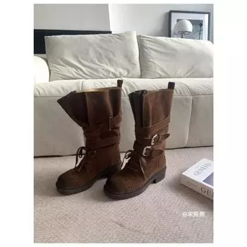 Retro Martin boots women s new autumn versatile thick heel medium tube knight boots strap round head western short boots 35