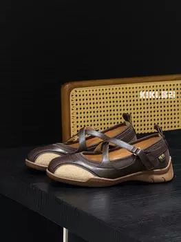 Retro Mary Jane shoes summer new thick-soled niche ballet style heightening shallow mouth leather casual single shoes women 35 коричневый