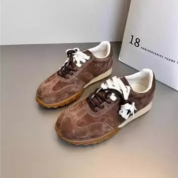 Ретро матовая кожа плоская подошва немецкие кроссовки женские туфли 2025 новые начало осени пара шнурков модные повседневные туфли мягкие туфли на подошве 35 песочный
