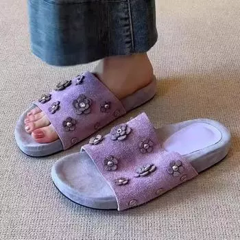 Retro matte round head rivet flower summer new niche design comfortable thick bottom open toe slippers 35