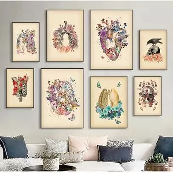Ретро медицинская образовательная картина, холст, картина, анатомия человека, мышечная система, рисунок, постеры, цветы, череп, офисный декор, Куадрос 21cm30cm NoFrame
