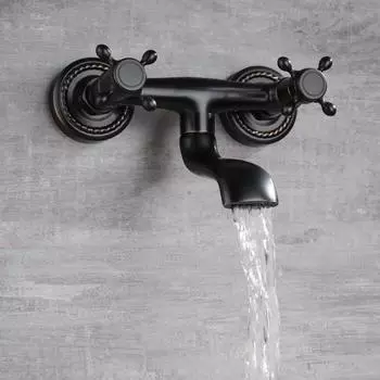 Ретро-медный смеситель для ванны, настенный смеситель для ванной, смеситель для горячей и холодной воды с двойной ручкой чёрный