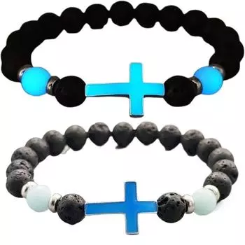 Retro Men’s Beaded Bracelet Luminous Cross Bangle Volcano Stone Bead Bracelet for Summer