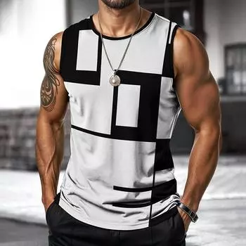 Retro men s vest 3D printed checkered striped pattern sleeveless shirt round neck loose streetwear summer fashion casual vest S