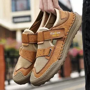 Retro Mens Sandals Luxury Design Leather Casual Slippers Comfortable Soft Flat Outdoor Walking Sandals for Men 2025 New EU38 жёлтый