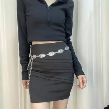 Ретро Металлическая Поясная Цепь Женская Этнический Стиль Аксессуары Юбочный Костюм Темперамент Продвинутый Смысл Гравированный Тонкий Пояс серебряный