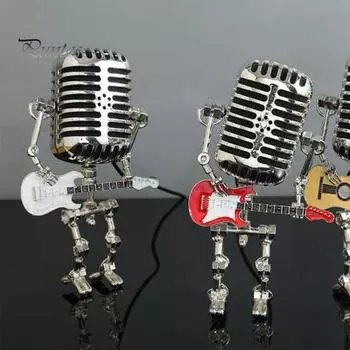 Ретро микрофон робот ночник подвижные соединения винтажный держатель гитара металл рок микрофон робот светодиодный настольный светильник настольное украшение орнамент красный